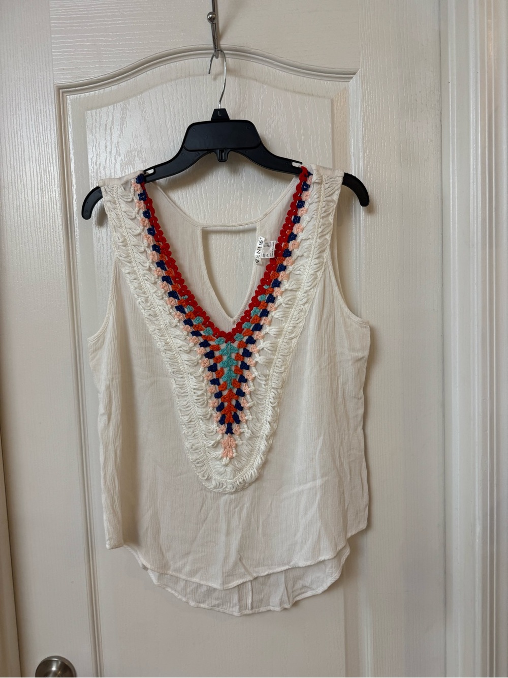 VENUS Cream Crochet V-Neck Tank with Multicolor Trim